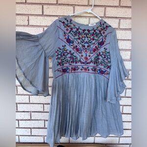 MOD Boutique Light grey baby doll dress with floral embroidered bodice.